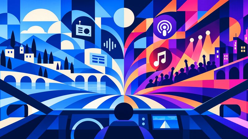 Illustration: a driver&rsquo;s-eye view down one road that splits into two worlds &ndash; blue hills, a village and radio on the left; a neon city, concert crowd, podcast and music on the right