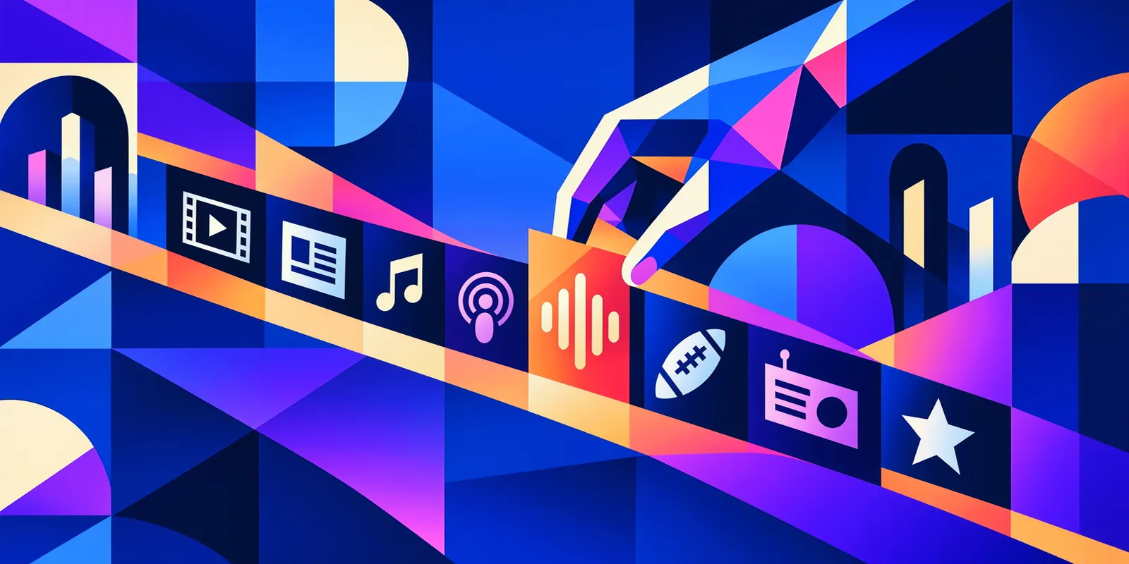 Illustration: a hand placing one tile into a row of media icons &ndash; film, news, music, podcast, audio, sports, radio and a star