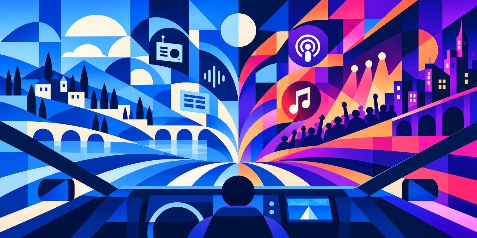 Illustration: a driver&rsquo;s-eye view down one road that splits into two worlds &ndash; blue hills, a village and radio on the left; a neon city, concert crowd, podcast and music on the right