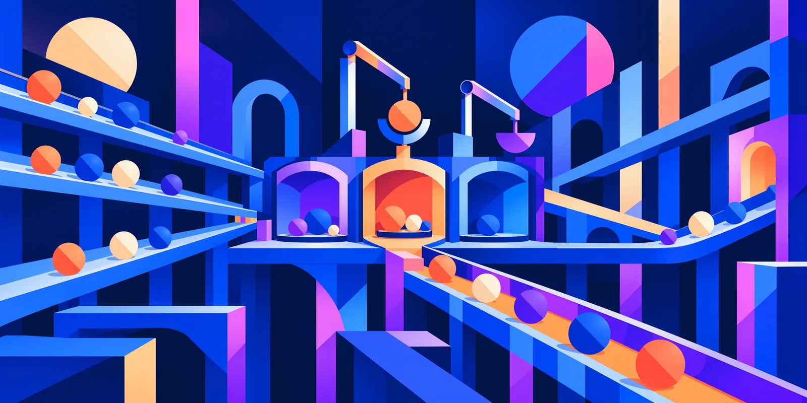 Illustration: coloured spheres rolling along shared tracks into three distinct chambers, sorted by mechanical arms