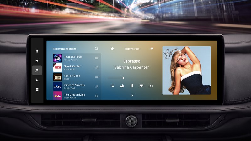 The iM Media Hub on an in-vehicle display, showing recommendations and now playing