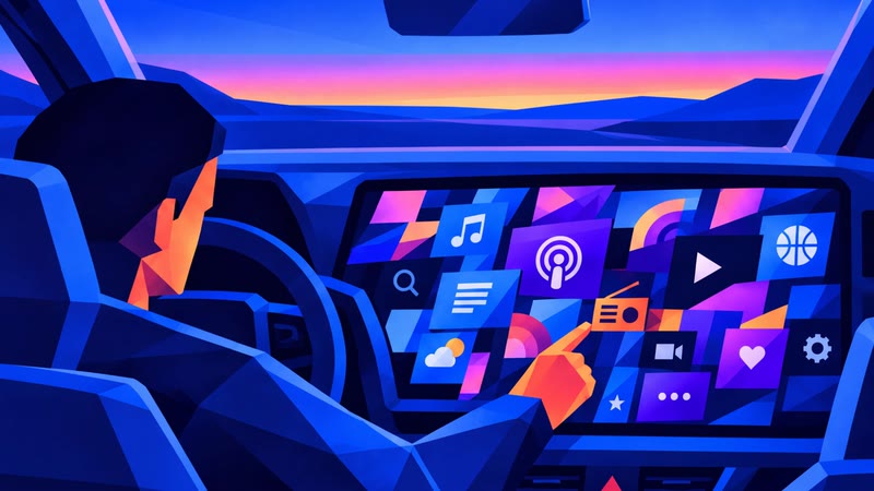 Illustration: a driver at dusk reaching for a dashboard screen crowded with media tiles