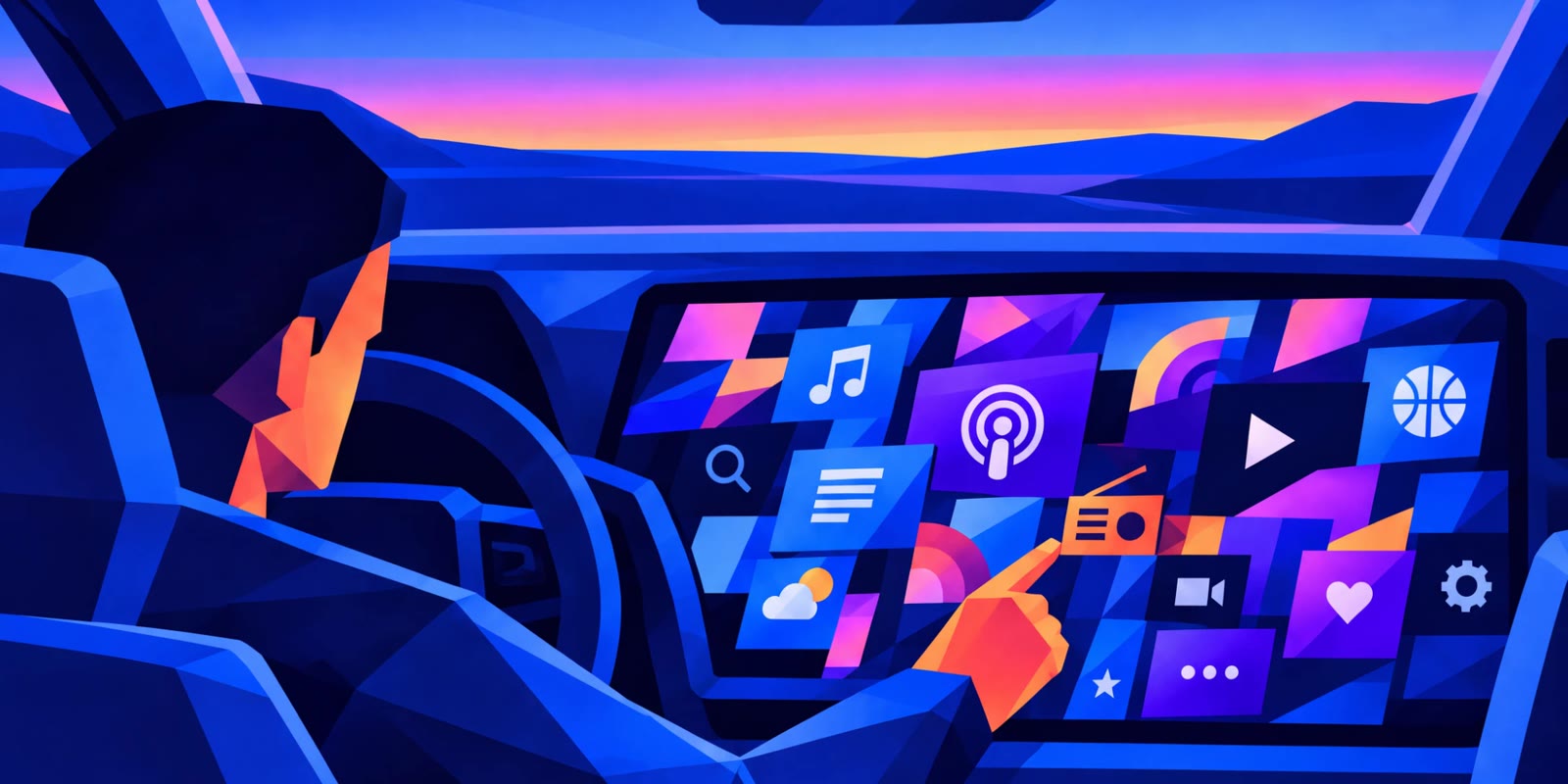 Illustration: a driver at dusk reaching for a dashboard screen crowded with media tiles