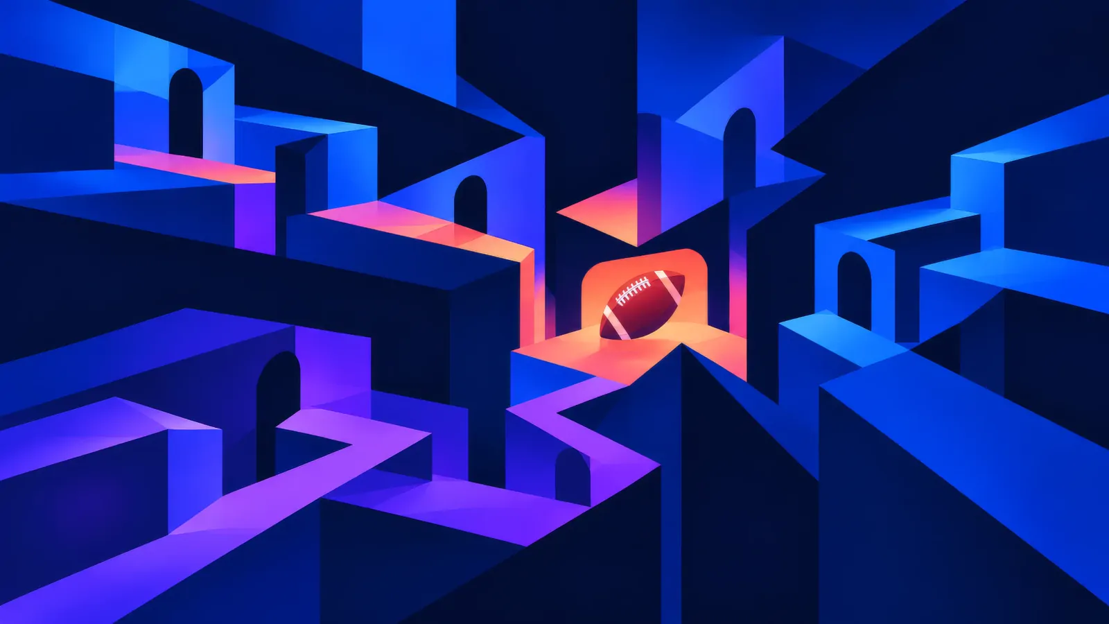 Illustration: a football glowing at the centre of a maze of blue passages