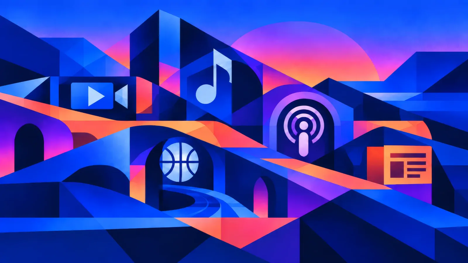 Illustration: music, video, podcast, sports and news icons set into one continuous landscape at sunset